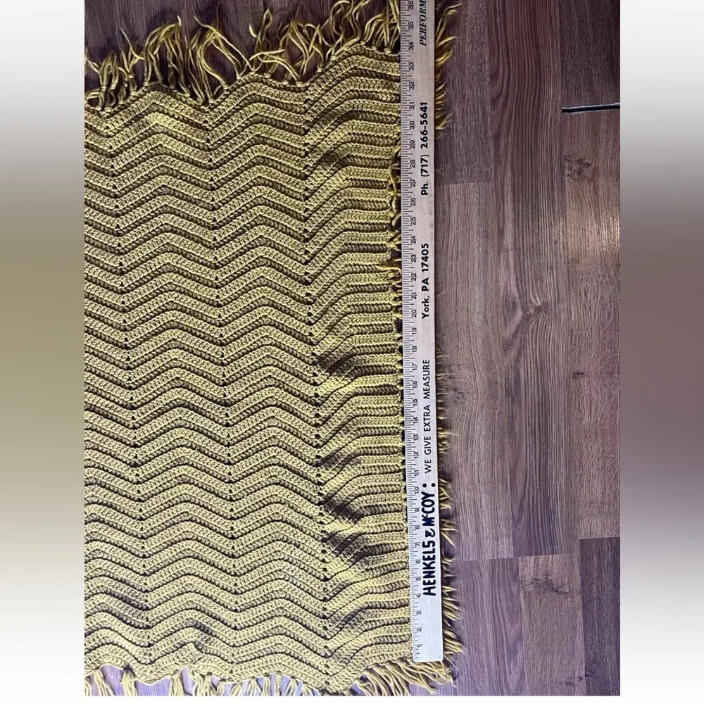 Vintage Crochet Afghan Throw Blanket Zig Zag Chevron Mustard Yellow Handmade